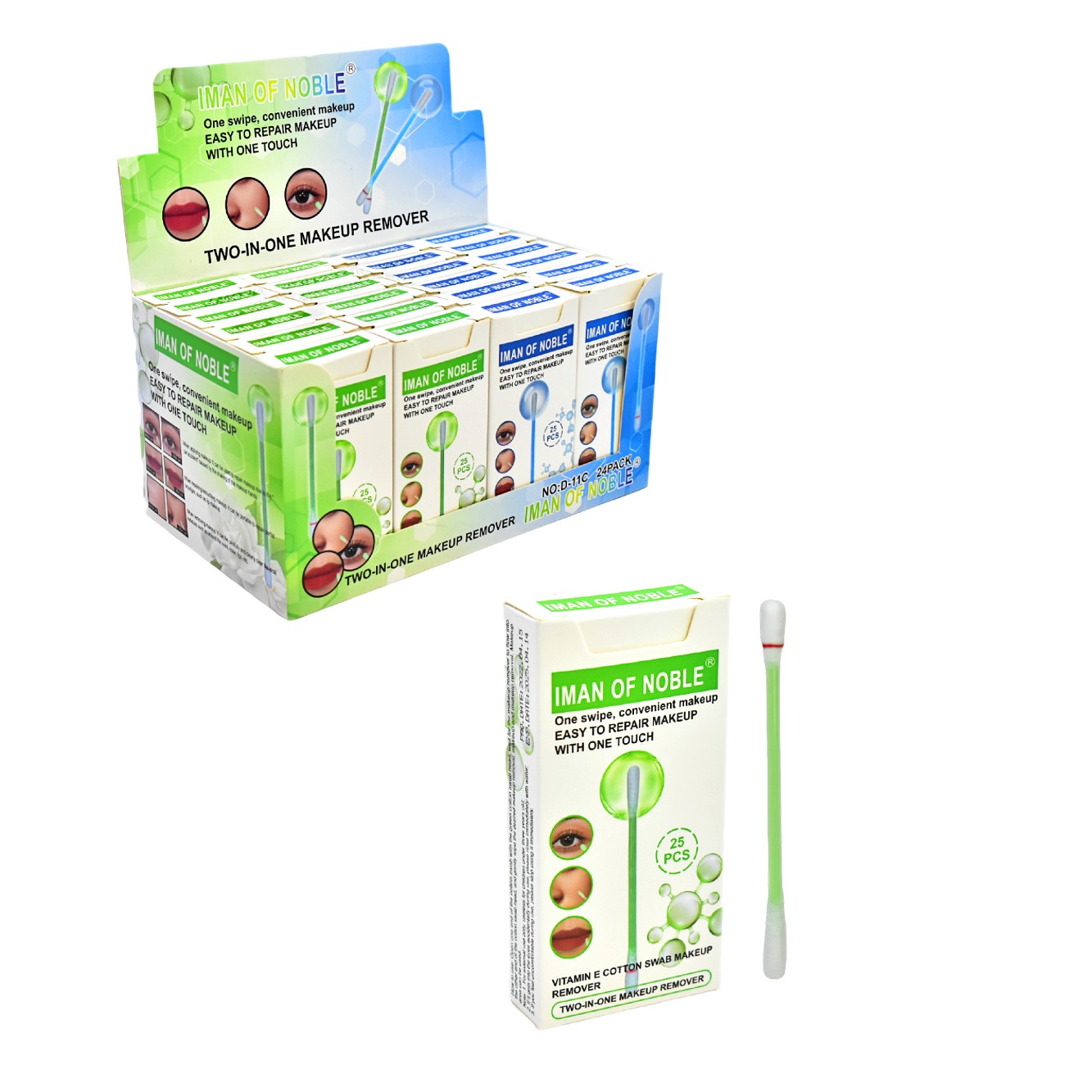 Removedor de maquillaje en hisopo con vitamina E presentación caja celeste  y verde – Mode GT
